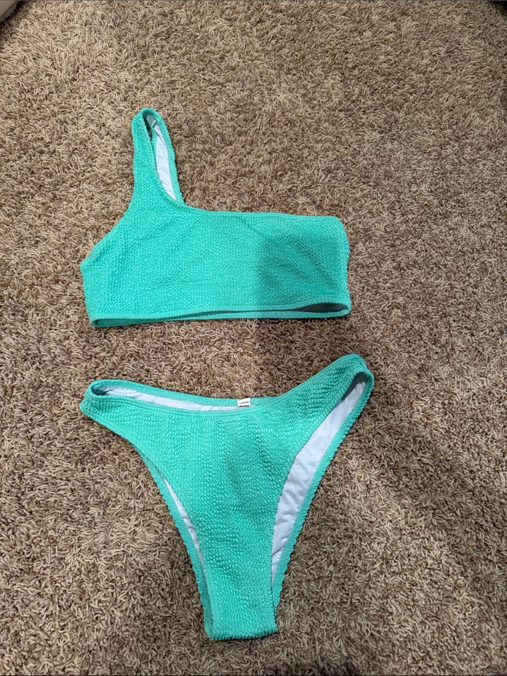 One-Shoulder Textured Green Bikini Set